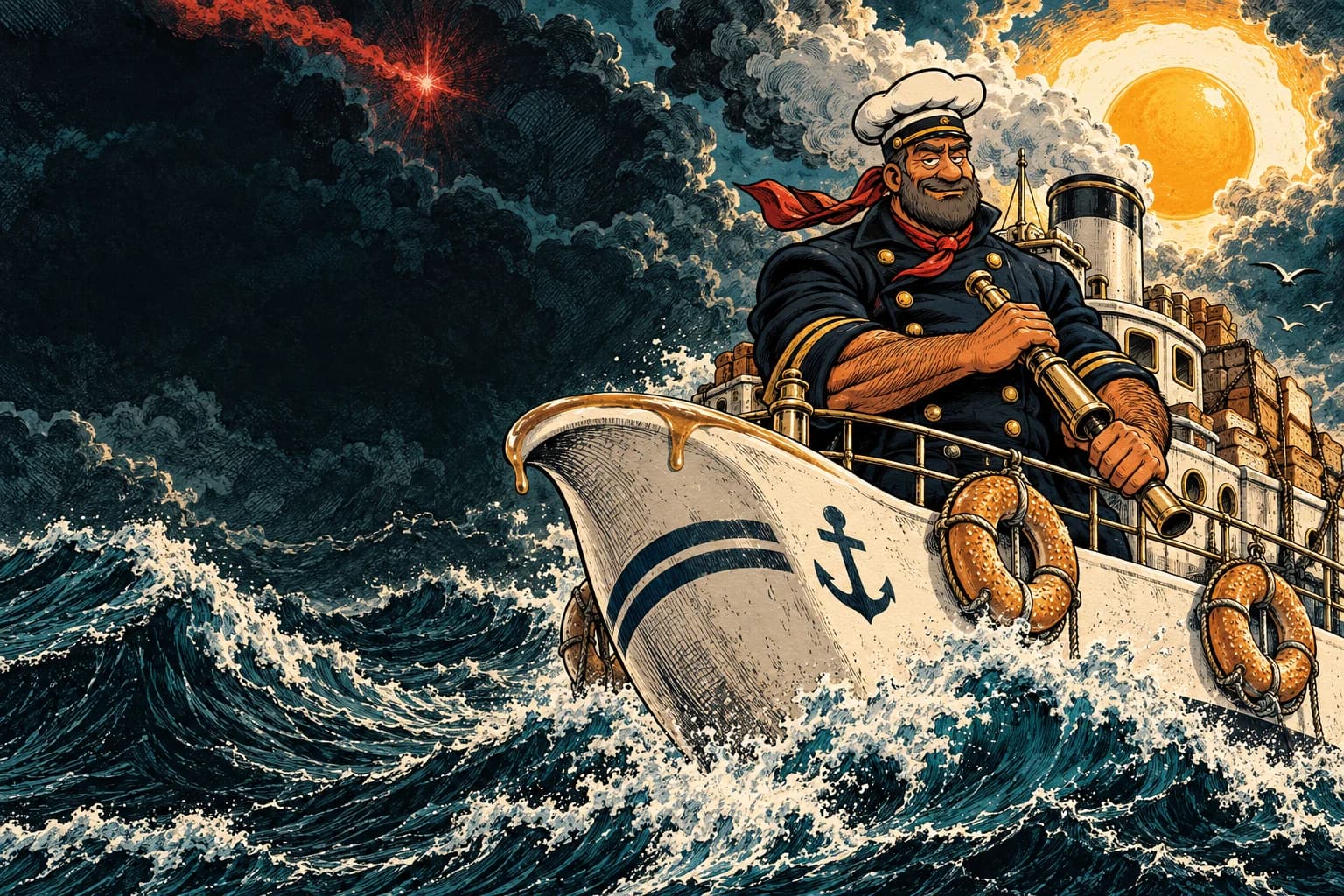 Admiral Snackhole commands a porcelain gravy boat beneath a fried-egg sun.