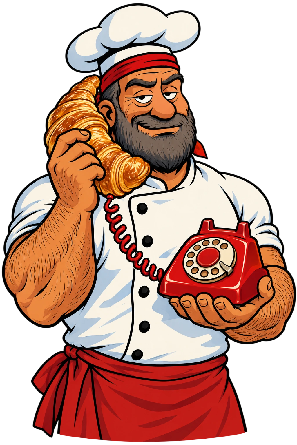 Chef Snackhole confidently answering a croissant telephone