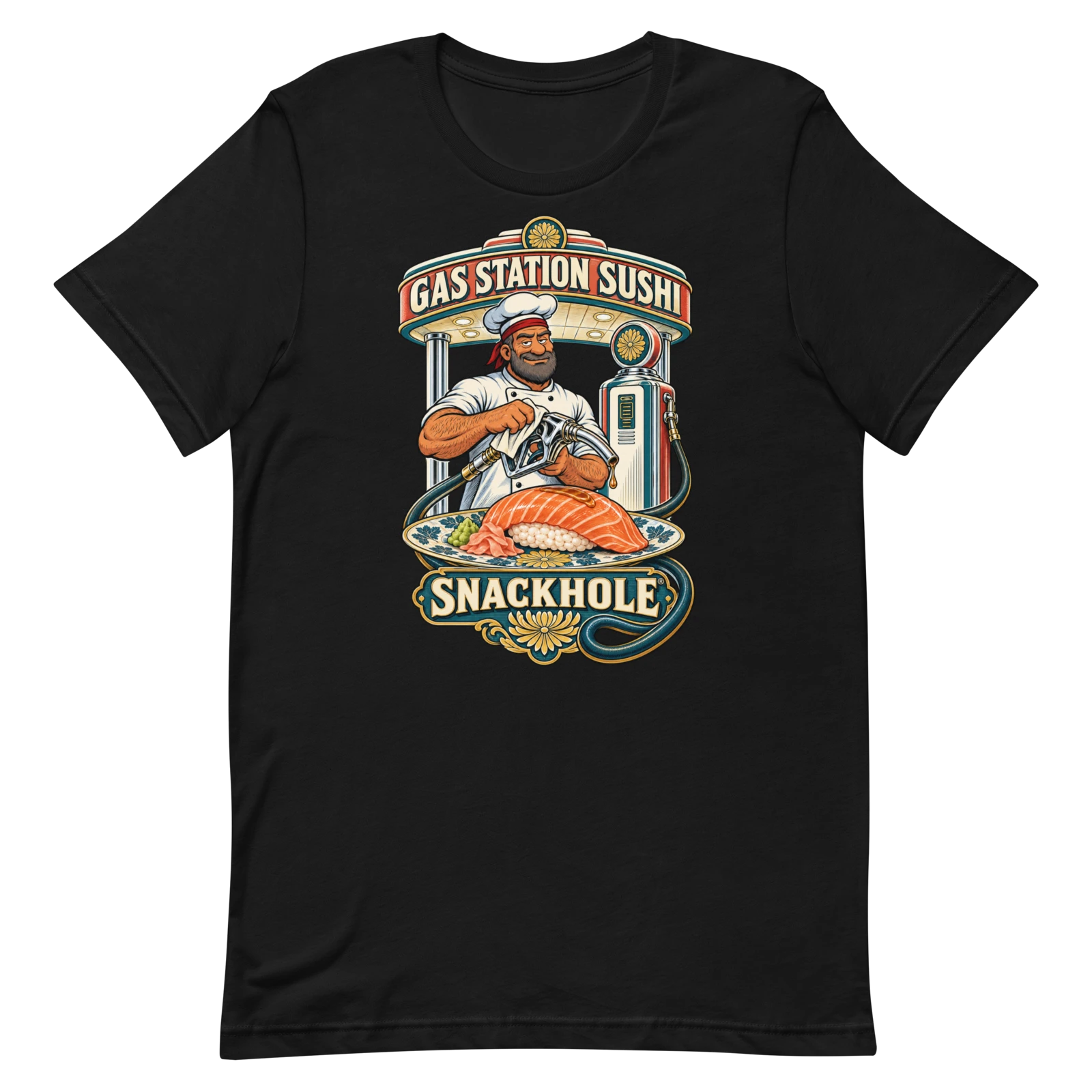 Actual Printful render of GAS STATION SUSHI, SNACKHOLE® artwork on a black shirt