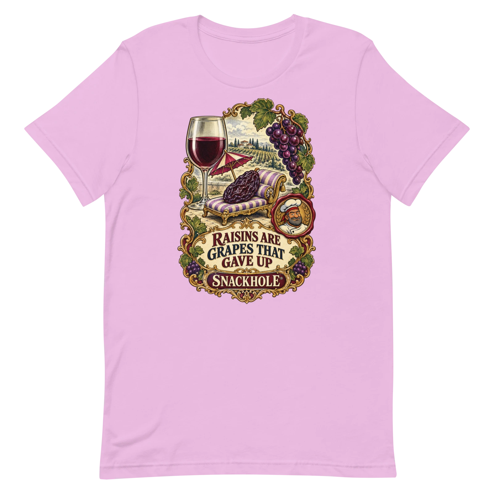 Actual Printful render of RAISINS ARE GRAPES THAT GAVE UP, SNACKHOLE® artwork on a lilac shirt