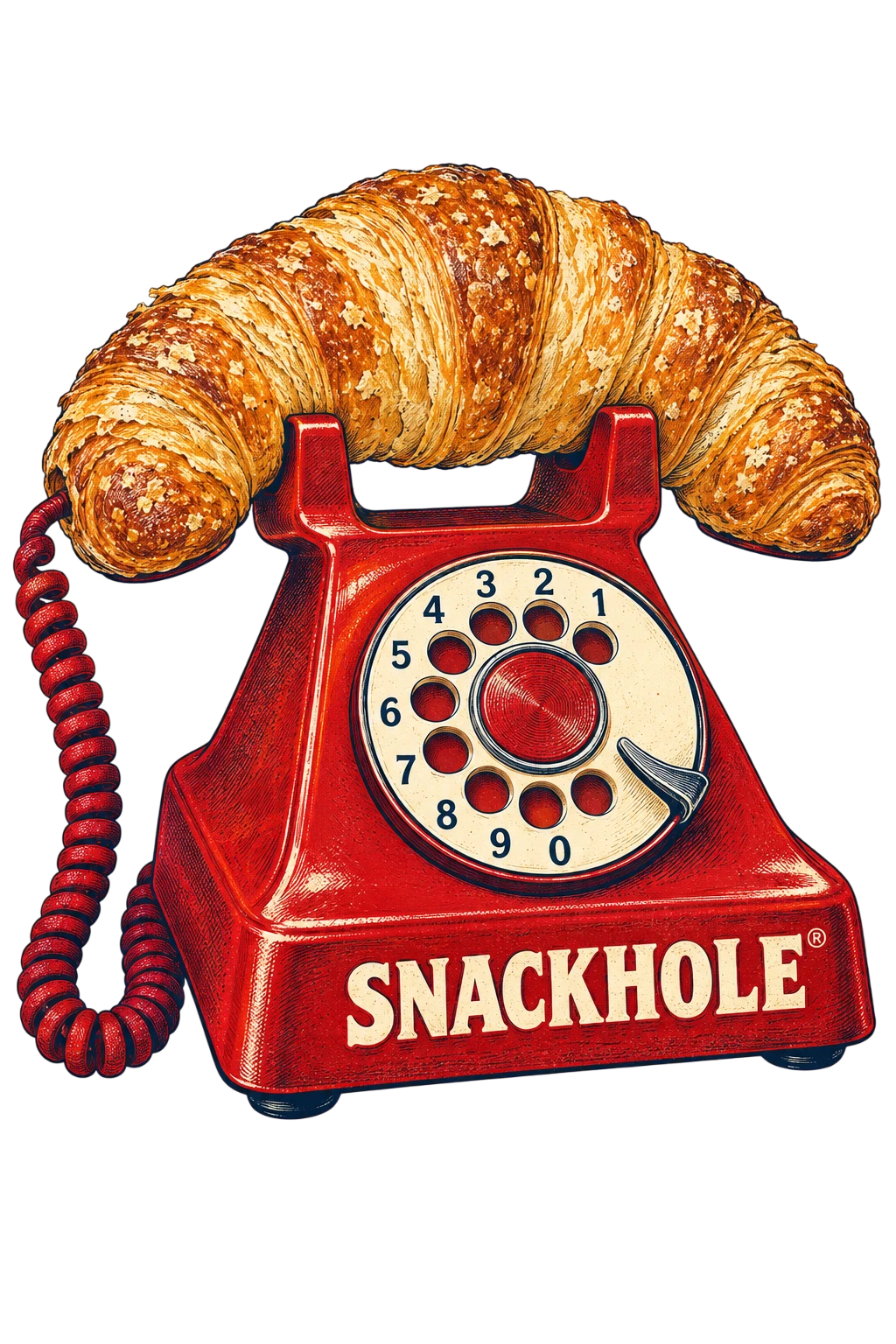 Croissant receiver on a red rotary telephone
