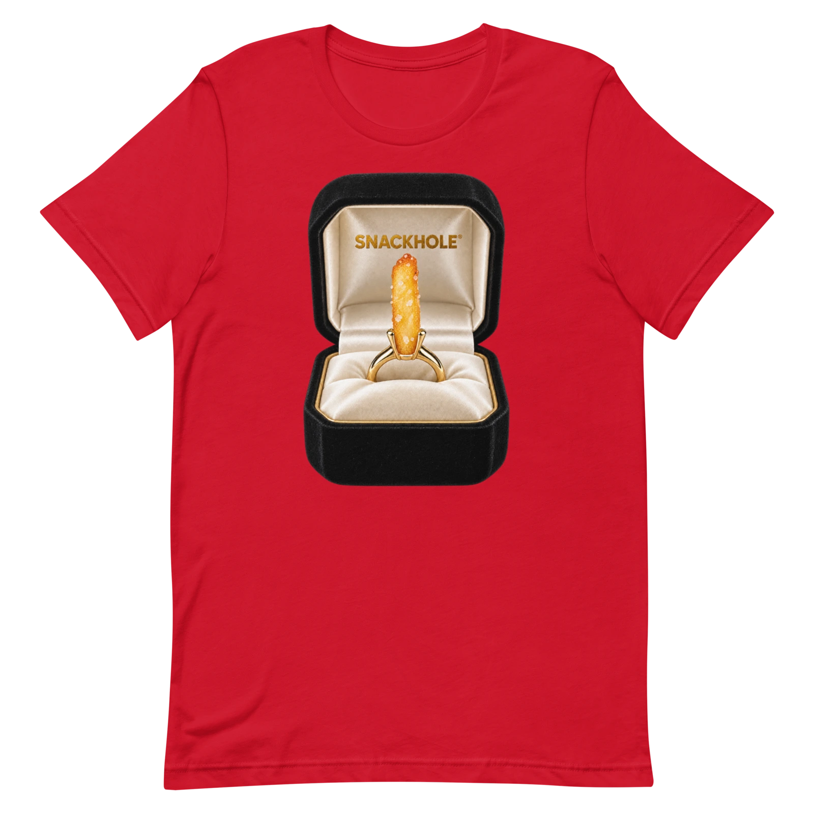 Actual Printful render of The important question, SNACKHOLE® artwork on a red shirt