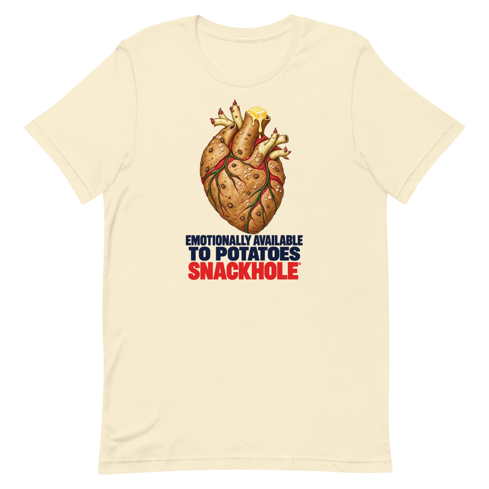 Actual Printful render of Emotionally available to potatoes, SNACKHOLE® artwork on a natural shirt