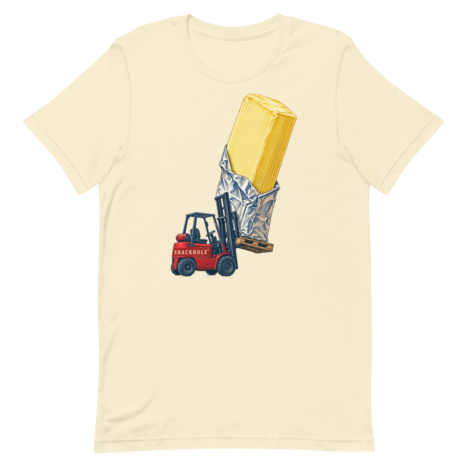 Actual Printful render of Load bearing butter, SNACKHOLE® artwork on a natural shirt