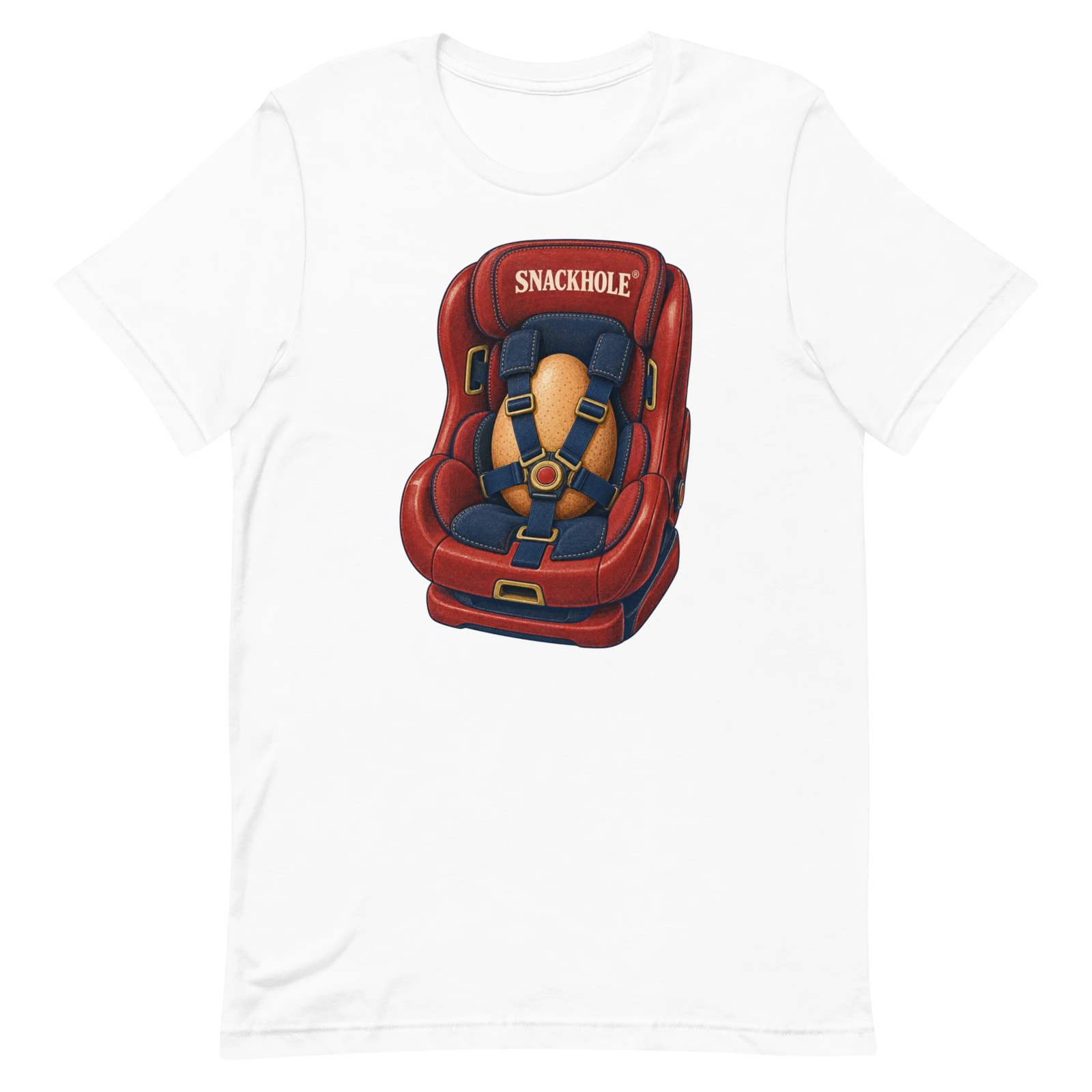 Actual Printful render of Precious cargo, SNACKHOLE® artwork on a white shirt