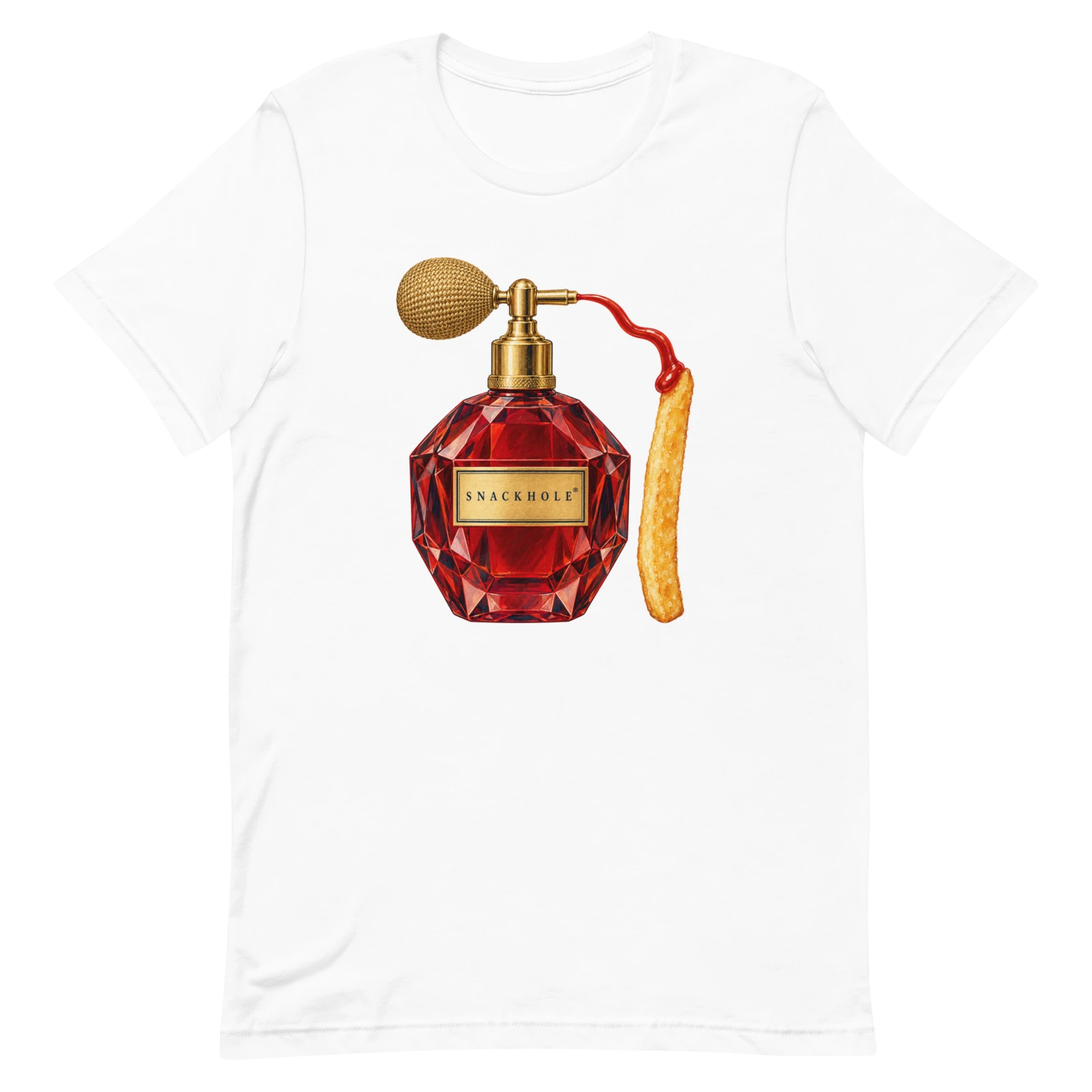 Actual Printful render of Eau de ketchup, SNACKHOLE® artwork on a white shirt