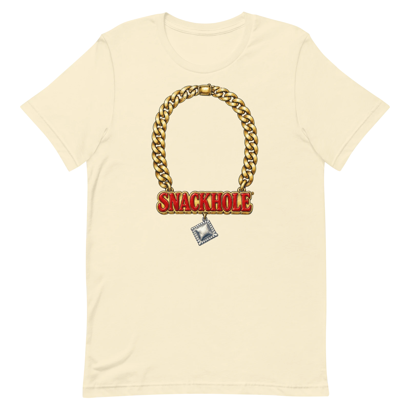 Actual Printful render of Something borrowed, SNACKHOLE® artwork on a natural shirt